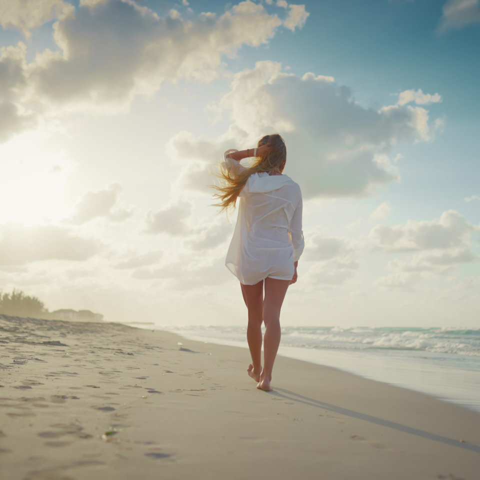 A person in a white shirt walks barefoot along a sandy beach at sunrise or sunset, with waves in the background and clouds in the sky.