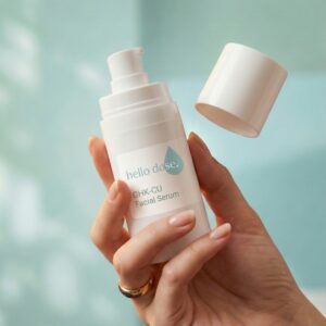 A hand holds a white bottle of "hello dose." CHK-CU Facial Serum with the cap removed, against a soft blue-green background.