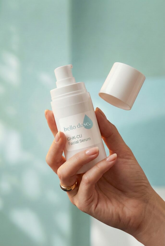 A hand holds a white bottle of "hello dose." CHK-CU Facial Serum with the cap removed, against a soft blue-green background.