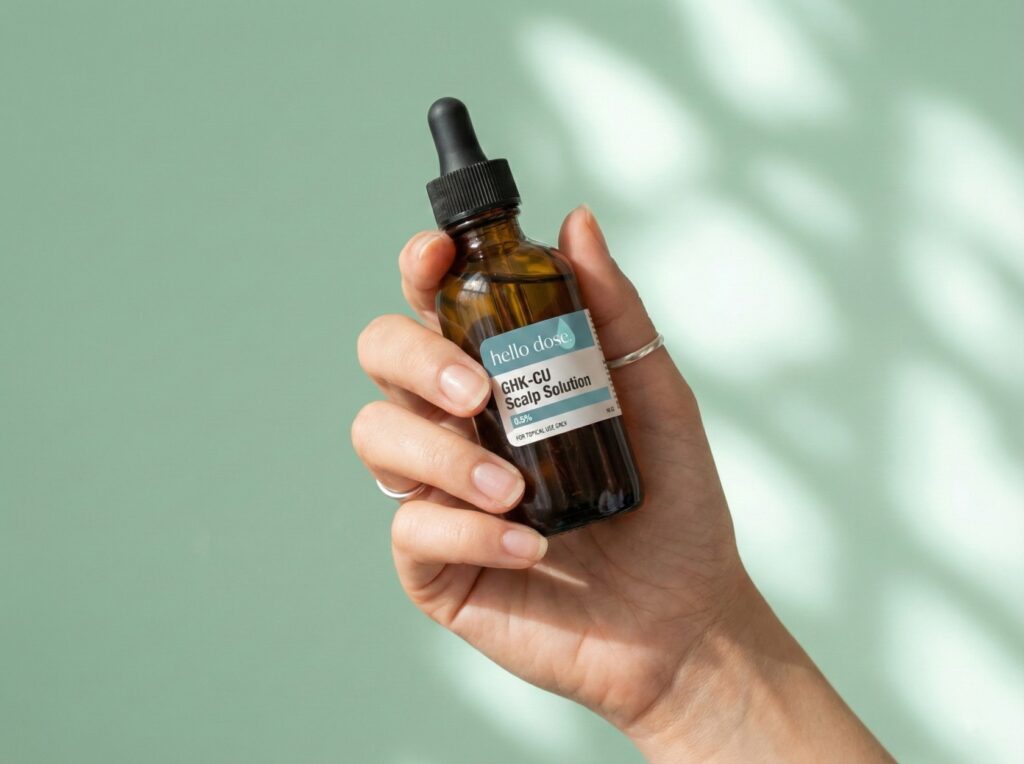 A hand holds a brown dropper bottle labeled "hello due GIKI-CU Scalp Solution" against a light green background.