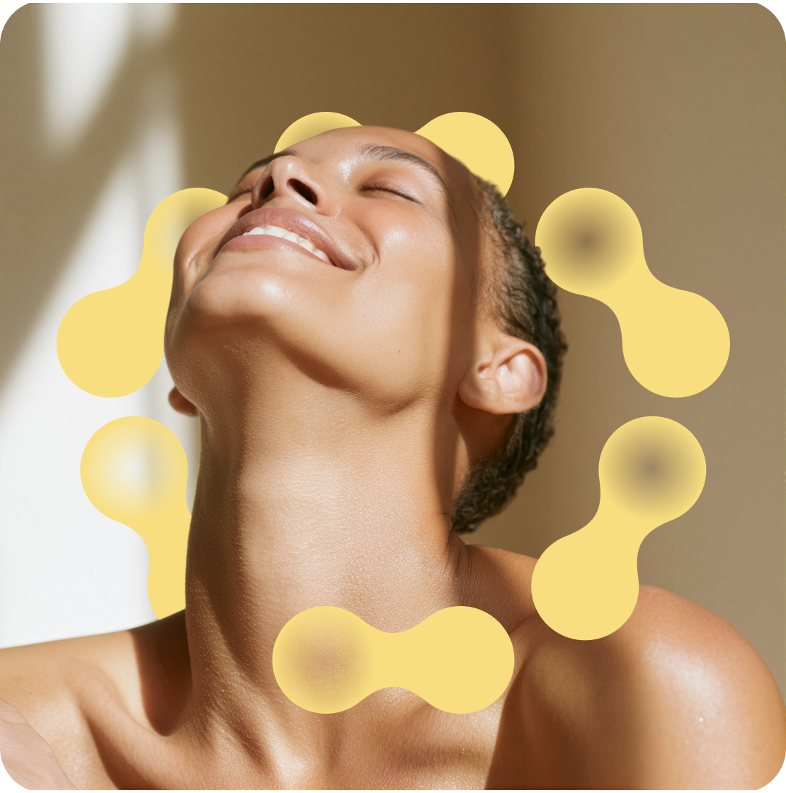 Woman surrounded by peptide molecule illustrations